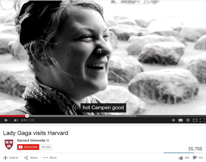 Screenshot Harvard University video: Lady Gaga Visits Harvard Captions