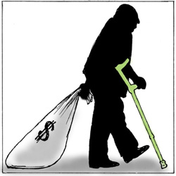 Silhouette of man using a crutch and dragging a large bag with a dollar sign on it.