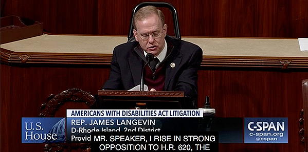 C-SPAN screenshot. Rep. James Langevin speaking. Closed caption reads: Mr. Speaker, I rise in Strong opposition to H.R. 620