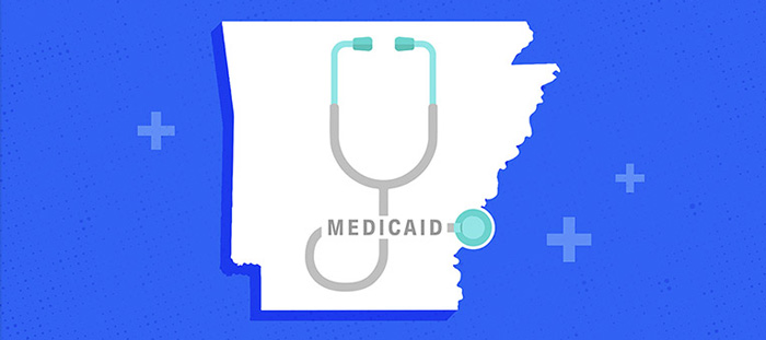 Arkansas, a stethoscope and the word medicaid.