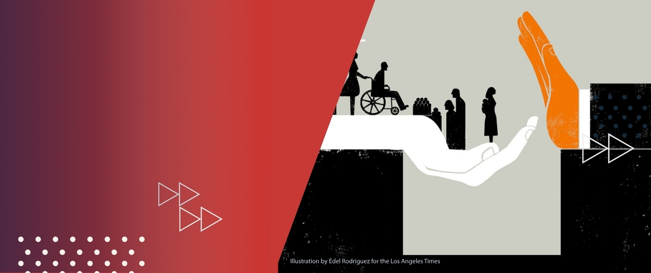 A stylized illustration on a gray and red background shows two large hands facing each other. A white hand supports small black silhouettes of people, including a wheelchair user, while an orange hand is raised in a stopping gesture toward them. Abstract arrow graphics and dotted design elements appear throughout the image. Small text in the corner reads, “Illustration by Edel Rodriguez for the Los Angeles Times.