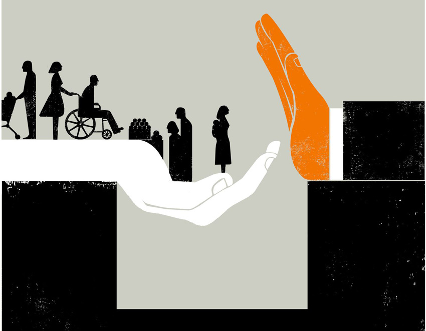 People with disabilities are trying to cross a revine. A large orange hand is stopping them.