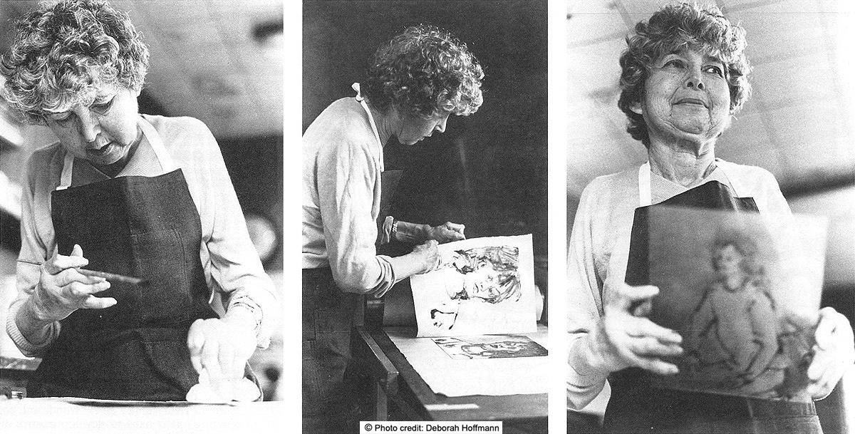 Three views of Virginia working in her studio. With a paint brush and going through her prints. Photo credit: Deborah Hoffman printed on the image.
