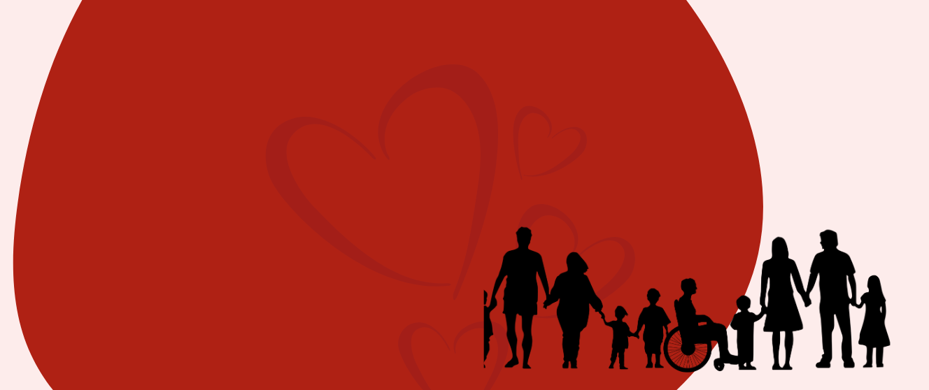 Decorative image with hearts and silhouettes of people holding hands