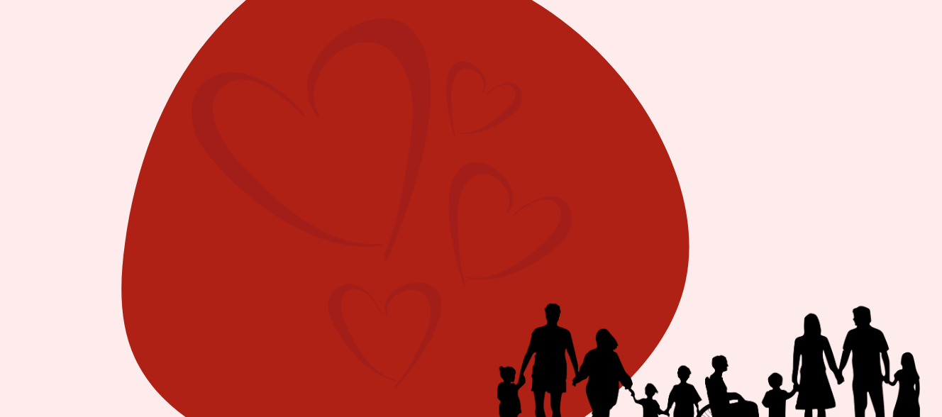 Decorative image with hearts and silhouettes of people holding hands