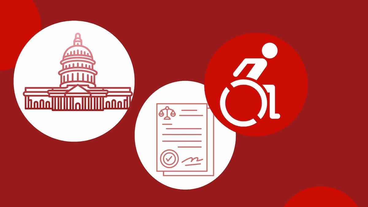 Icons in red and white depicting the Capitol building, the universal symbol for access and a bill