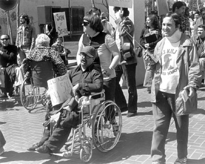 Black and white photo from 504 Sit-Ins of protesters in San Francisco