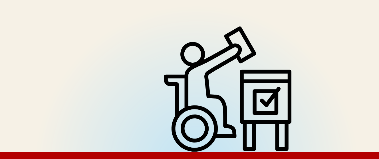 Icon of a wheelchair user casting their ballot with decorative blue blur.