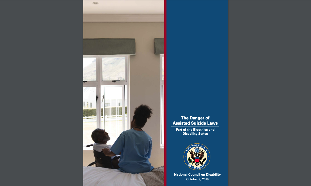 Cover of the Danger of Assisted Suicide Laws with two people looking at each other in a sunny room, one person is a wheelchair user.