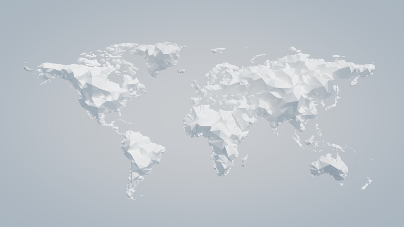 White world map illustration made from 3D triangles looking like an origami