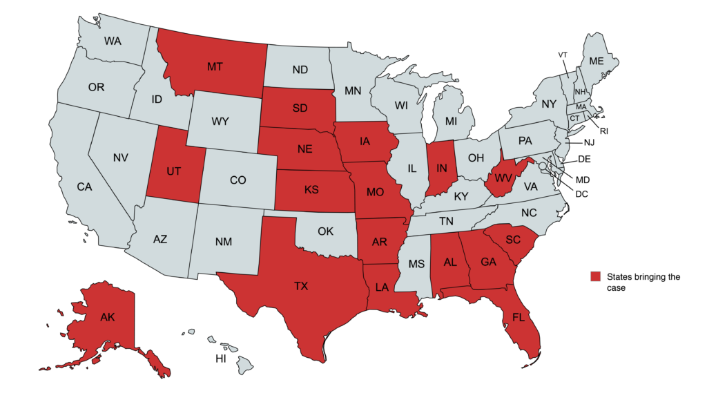 Map with red states highlighted. Those states are: Alaska, Alabama, Arkansas, Florida, Georgia, Indiana, Kansas, Louisiana, Missouri, Montana, Nebraska, South Carolina, South Dakota, Texas, Utah, and West Virginia.