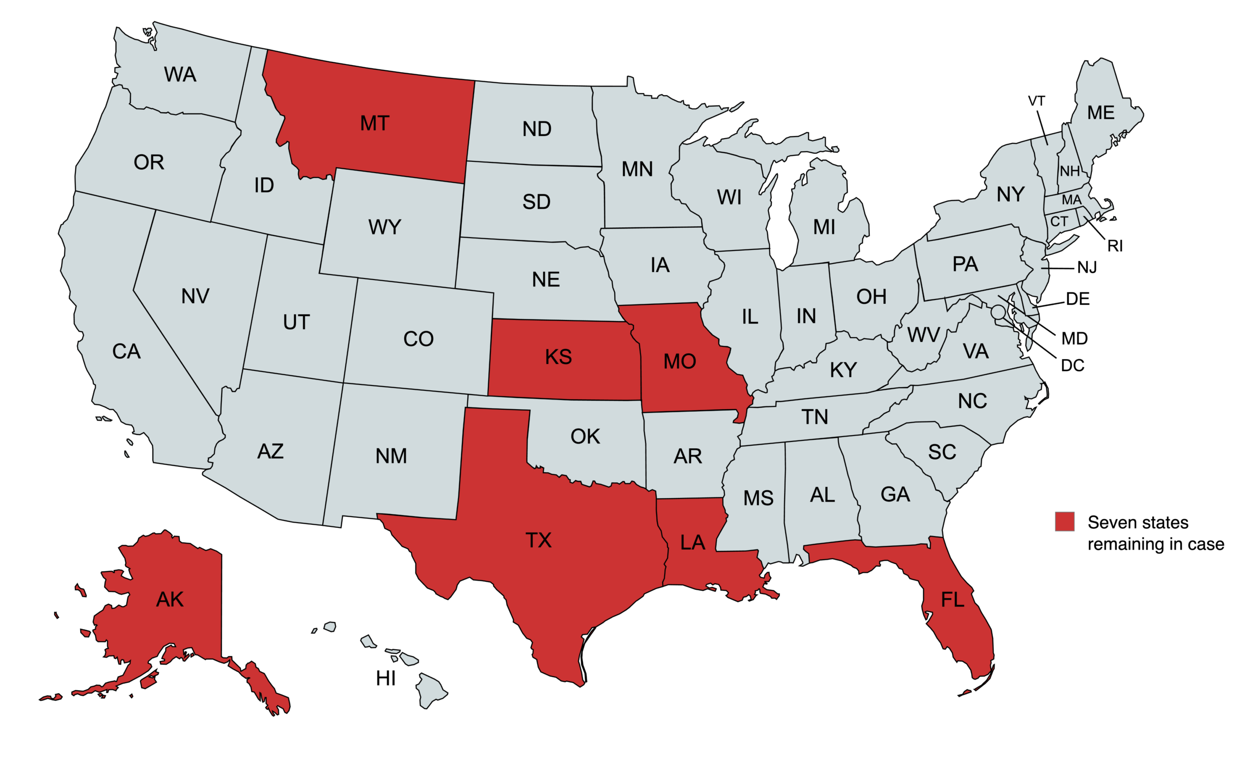 United States map with Texas, Alaska, Florida, Kansas, Louisiana, Missouri, and Montana highlighted in red