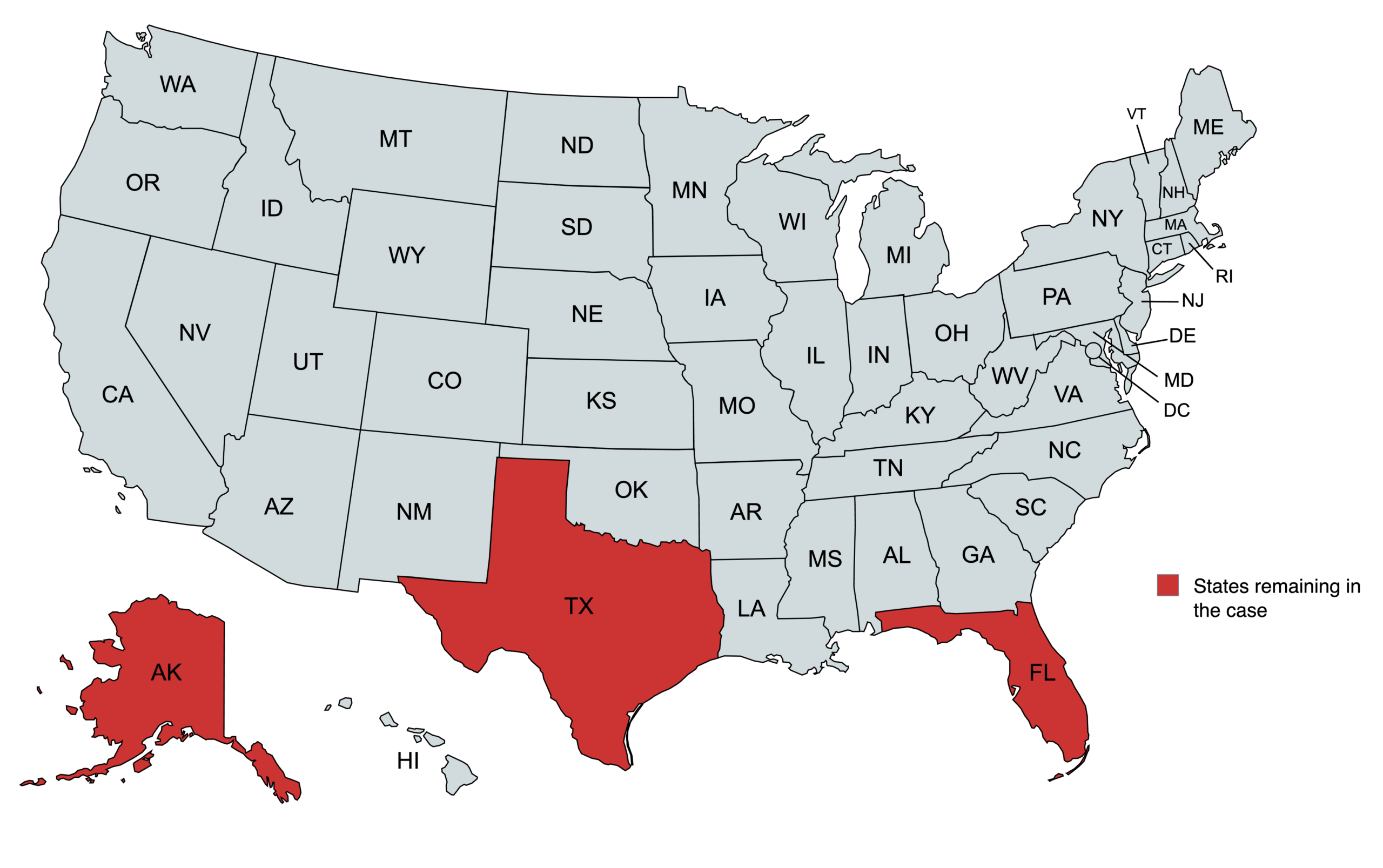 A map of the United States with three red states in red: Texas, Alaska and Florida