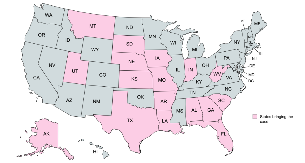 U.S. map with states involved in the case highlighted