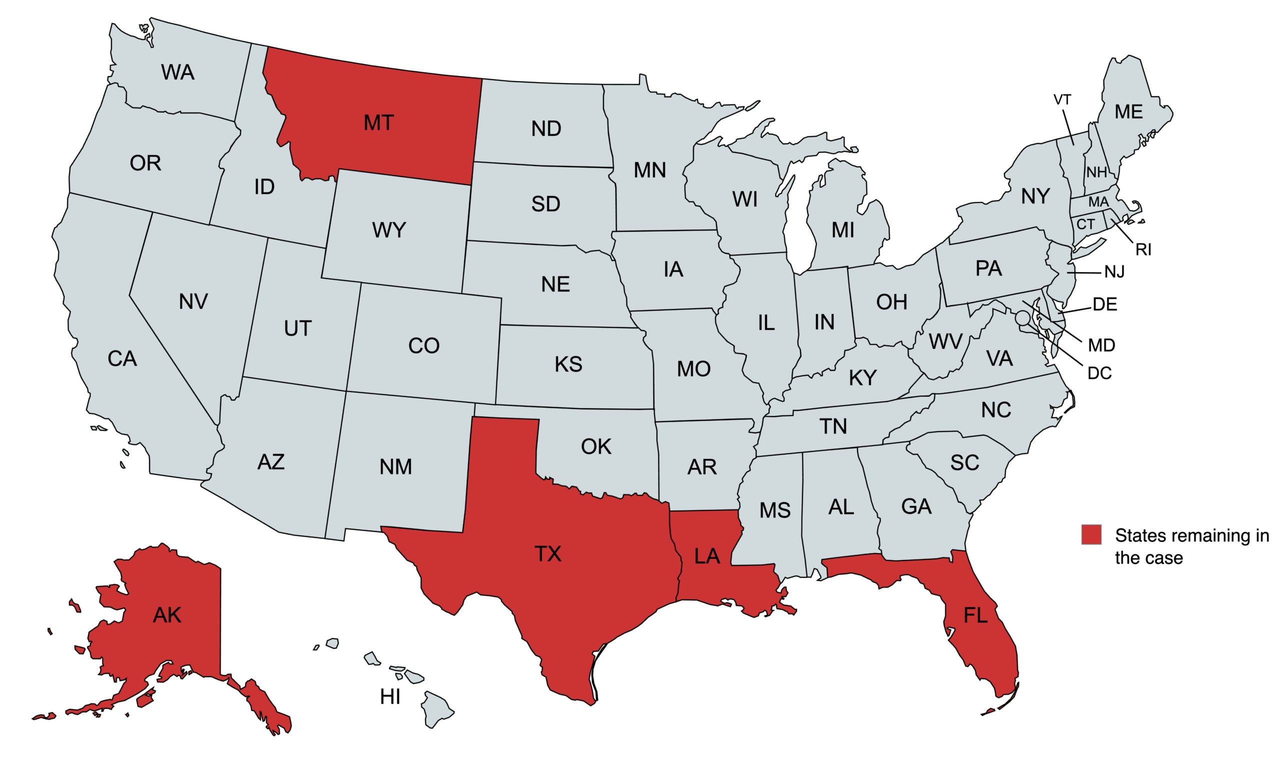 Map of the United States with Alaska, Florida, Louisiana, Montana and Texas highlighted in red.