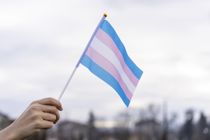 A hand holds out the transgender flag in front of a bright grey sky