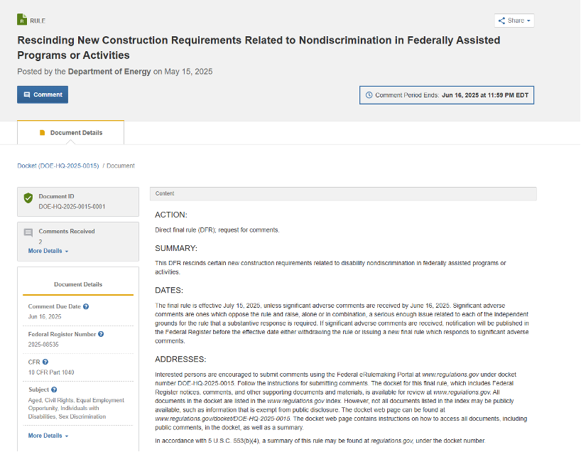 Picture of regulations.gov portal for DOE-HQ-2-25-0015, Rescinding New Construction Requirements Related to Nondiscrimination in Federally Assisted Programs or Activities