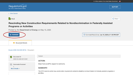 Screenshot of Regulations.gov with the heading “Rescinding New Construction Requirements Related to Nondiscrimination in Federally Assisted Programs or Activities,” the Comment button is circled.