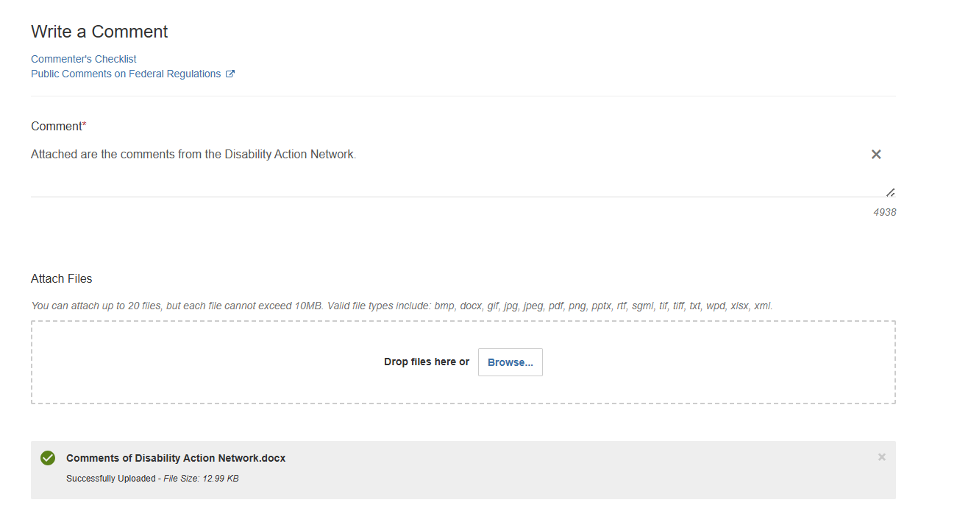 Screenshot of Regulations.gov portal with blanks filled in. There is a space to attach files.