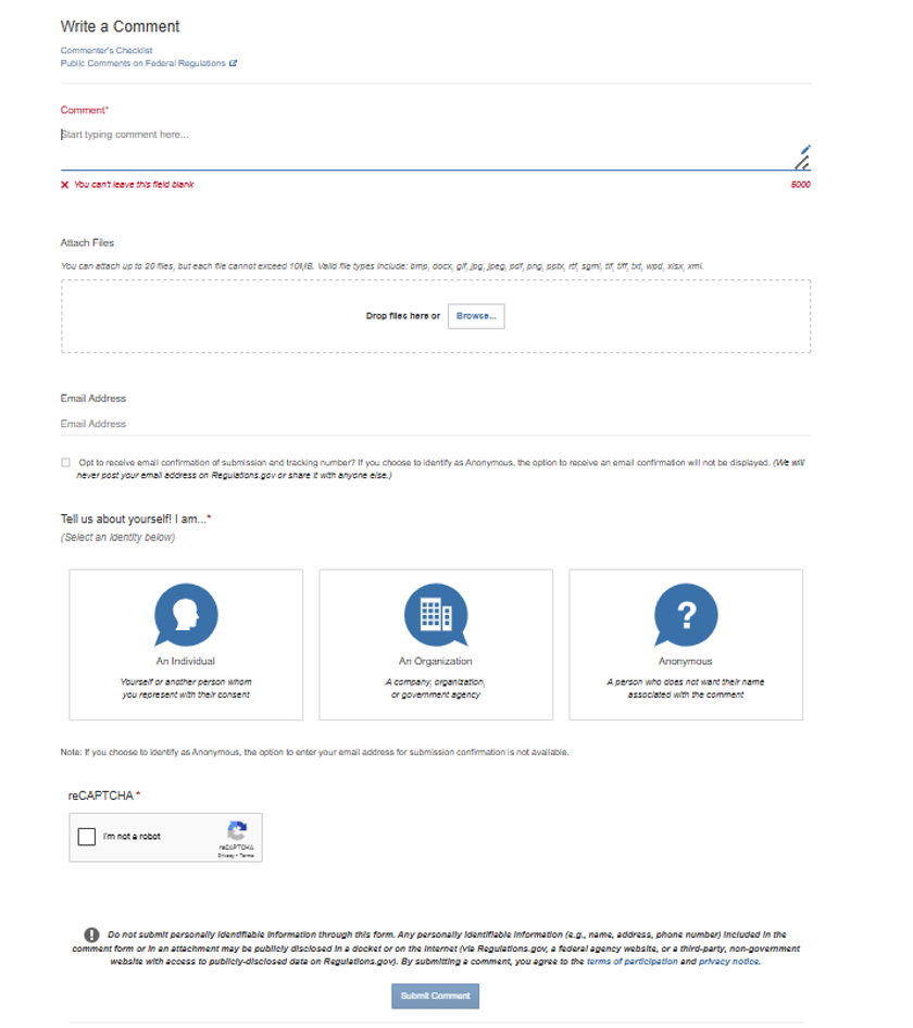 Screenshot of the Regulations.gov site with "Tell us about yourself! I am...* (Select an identity below), options are: An Individual, An Organization, Anonymous.