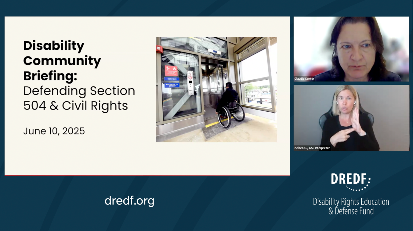 Screenshot from webinar with title slide, a presenter and an ASL interpreter