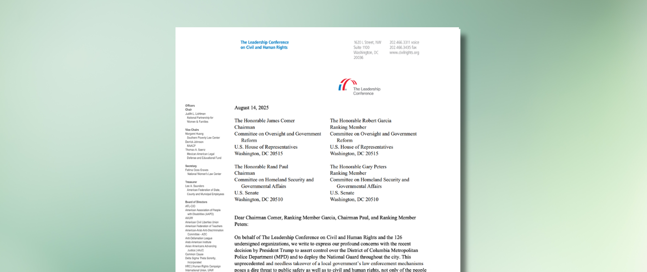 A screenshot of the letter sent to House Committee on Oversight and Government Reform and Senate Committee on Homeland Security and Governmental Affairs from the Leadership Conference