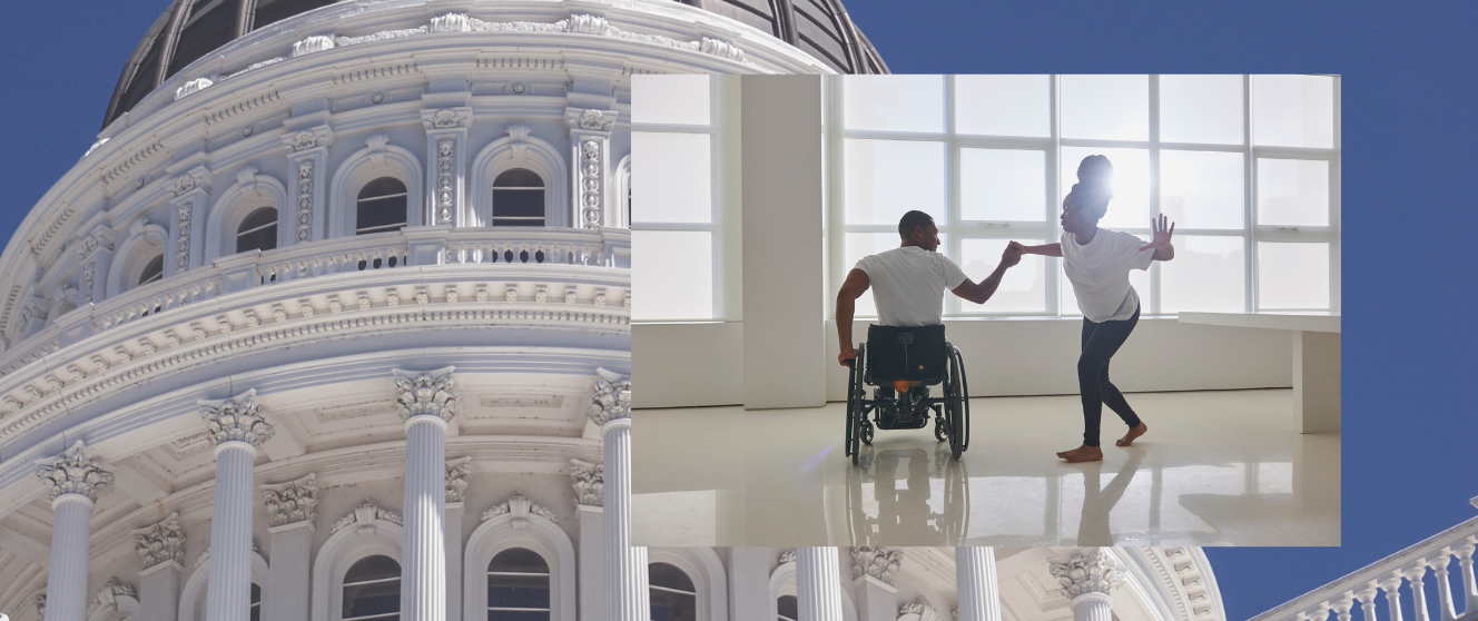 Two people dancing, one uses a wheelchair. On top of the exterior of the Sacramento capitol building.