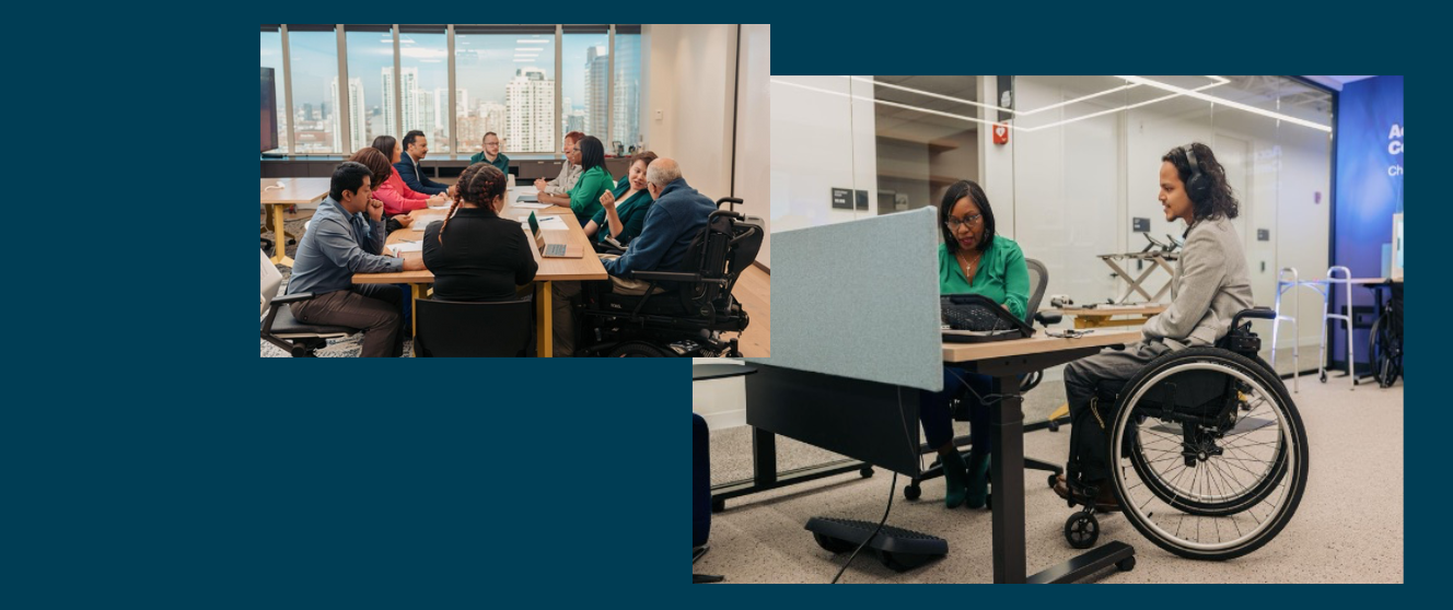 Two images of workers with disabilities in an office work place on a dark blue background