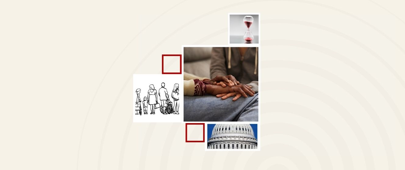 Montage of photos with a graphic of people with disabilities, two people's hands on top of each other, an hourglass with time running out and the exterior of the Capitol rotunda.