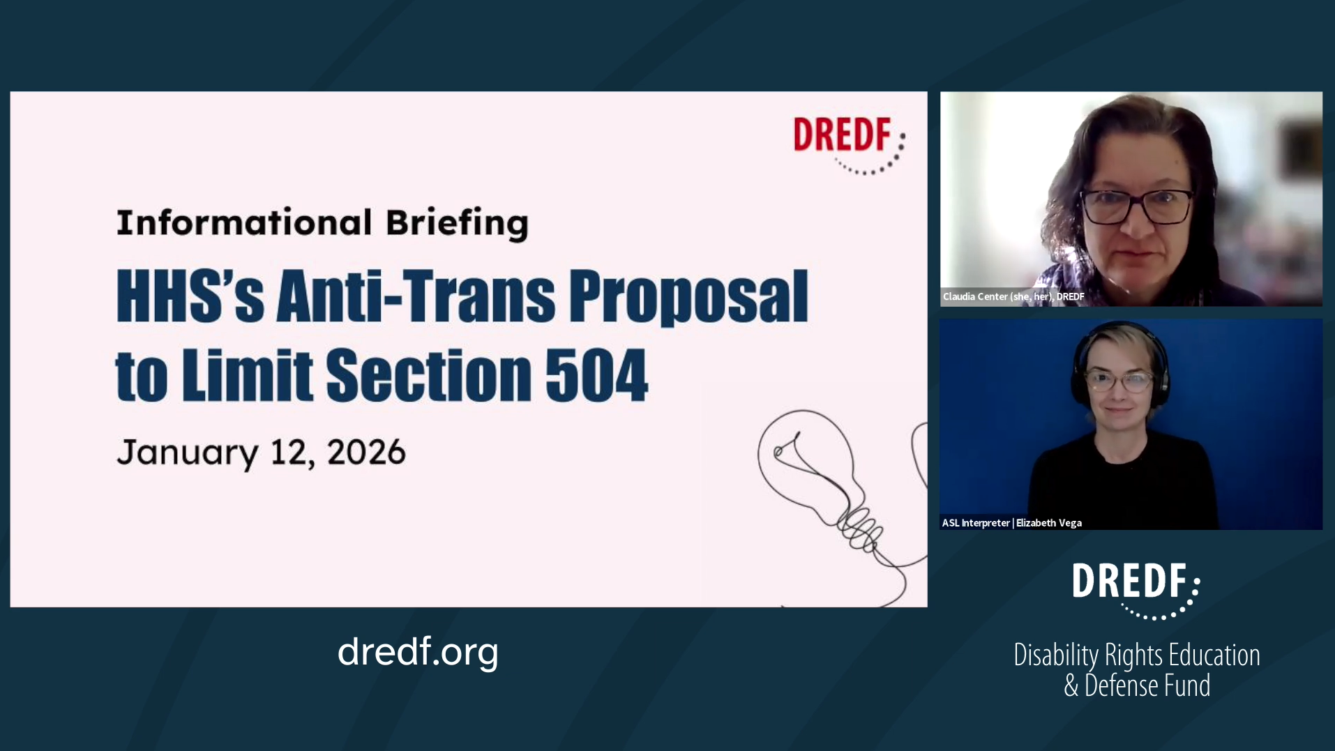 Screenshot from the webinar with the slides, presenter and ASL interpreter on screen