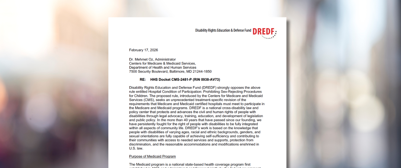 Screenshot of a document with the DREDF letterhead. Blur background.