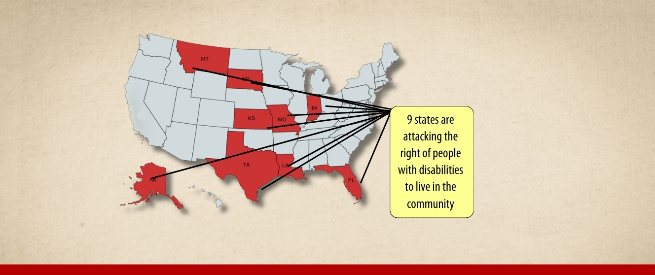 United States map with Texas, Alaska, Florida, Indiana, Kansas, Louisiana, Missouri, Montana, and South Dakota highlighted in red. Text reads 
