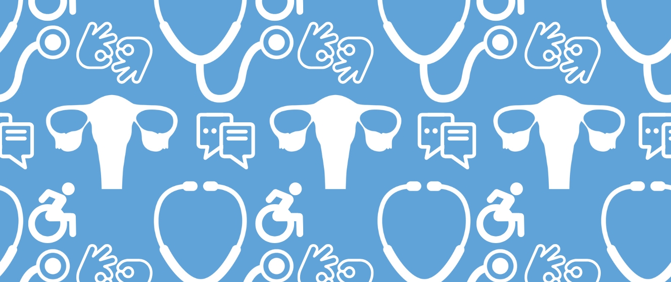 Pattern of white icons on a light blue background include a stethoscope, a uterus, a universal symbol of access, two hand signing and a caption.