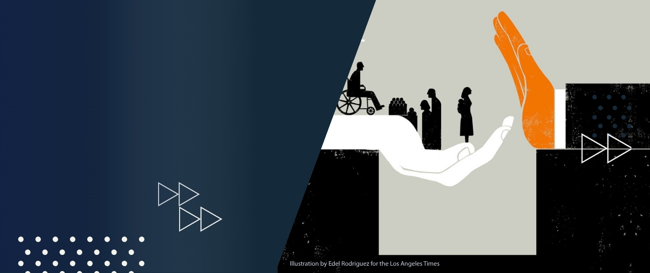 A stylized illustration on a gray and red background shows two large hands facing each other. A white hand supports small black silhouettes of people, including a wheelchair user, while an orange hand is raised in a stopping gesture toward them. Abstract arrow graphics and dotted design elements appear throughout the image. Small text in the corner reads, “Illustration by Edel Rodriguez for the Los Angeles Times.