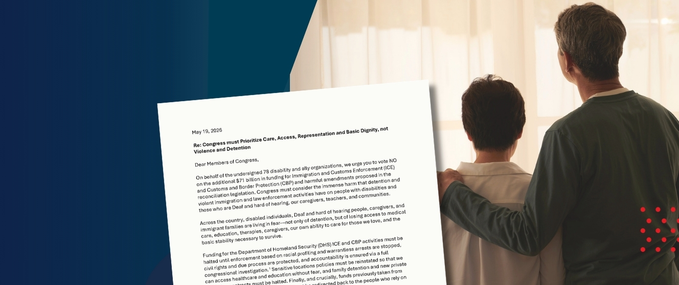 A parent with their arm on their child's shoulder, looking out a window. A screenshot of the letter sent to Congress lays on top.