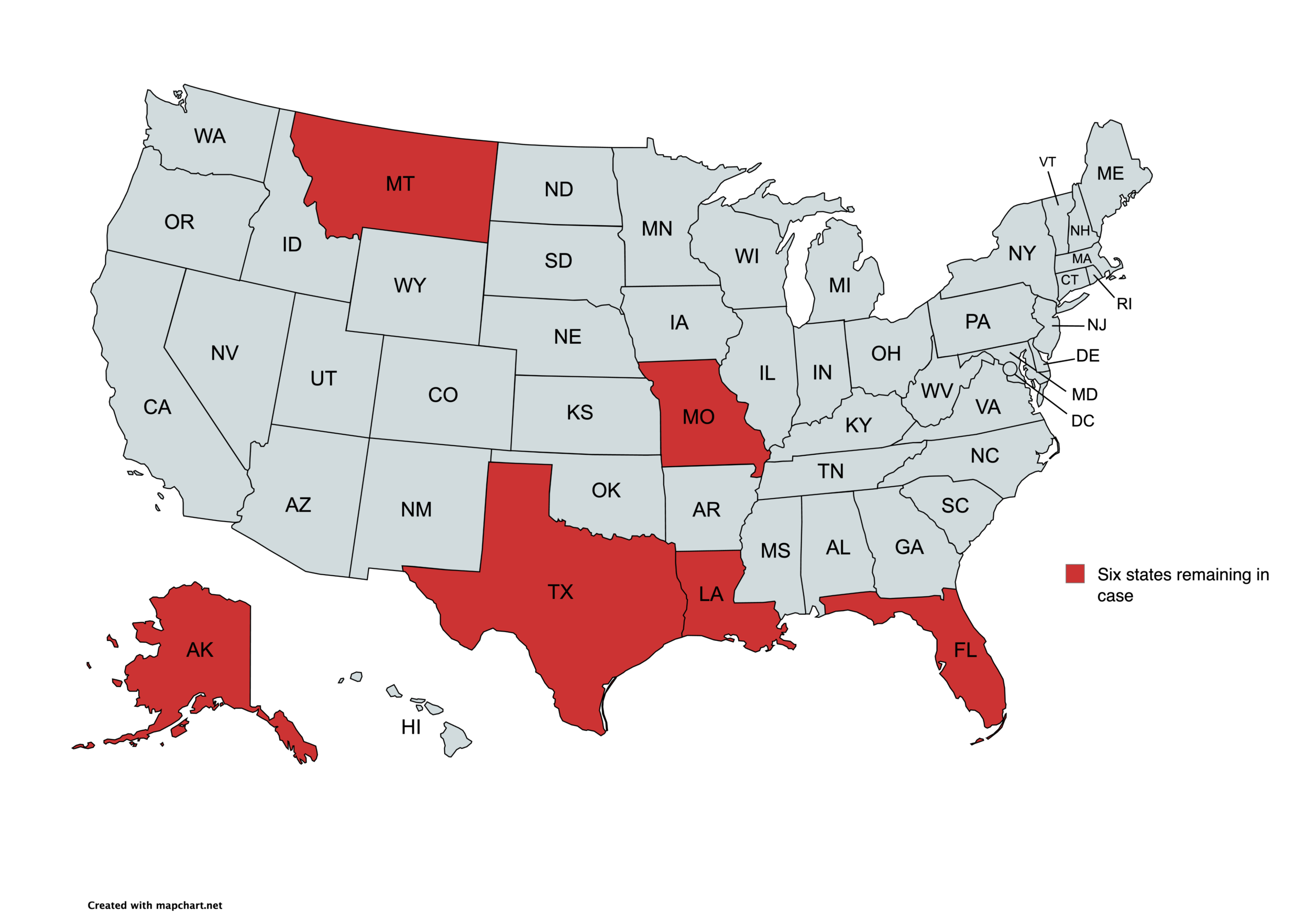 U.S. map highlighting Alaska, Florida, Indiana, Louisiana, Missouri, Montana, South Dakota, and Texas to show which states remain in the case
