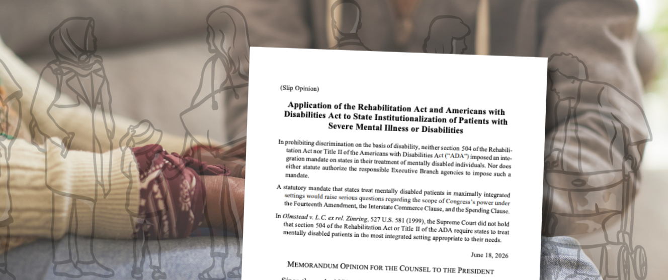 A screenshot of the document from the DOJ with two people holding hands in the background and images of people with disabilities.