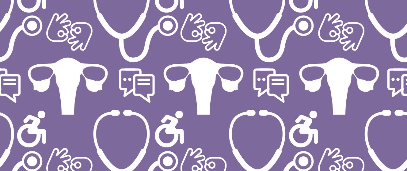 Pattern of white icons on a purple background include a stethoscope, a uterus, a universal symbol of access, two hand signing and a caption.