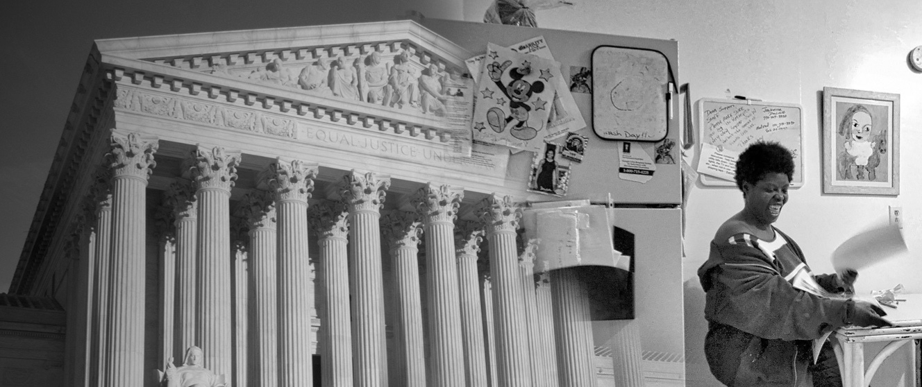 Black-and-white composite image connecting disability rights and community living. On the left is the U.S. Supreme Court building, with its columns and the words “Equal Justice Under Law” visible above the entrance. On the right, Lois Curtis, plaintiff in Olmstead v. Curtis, smiles while holding papers in a home setting, with a refrigerator, notes, artwork, and other everyday household items behind her.