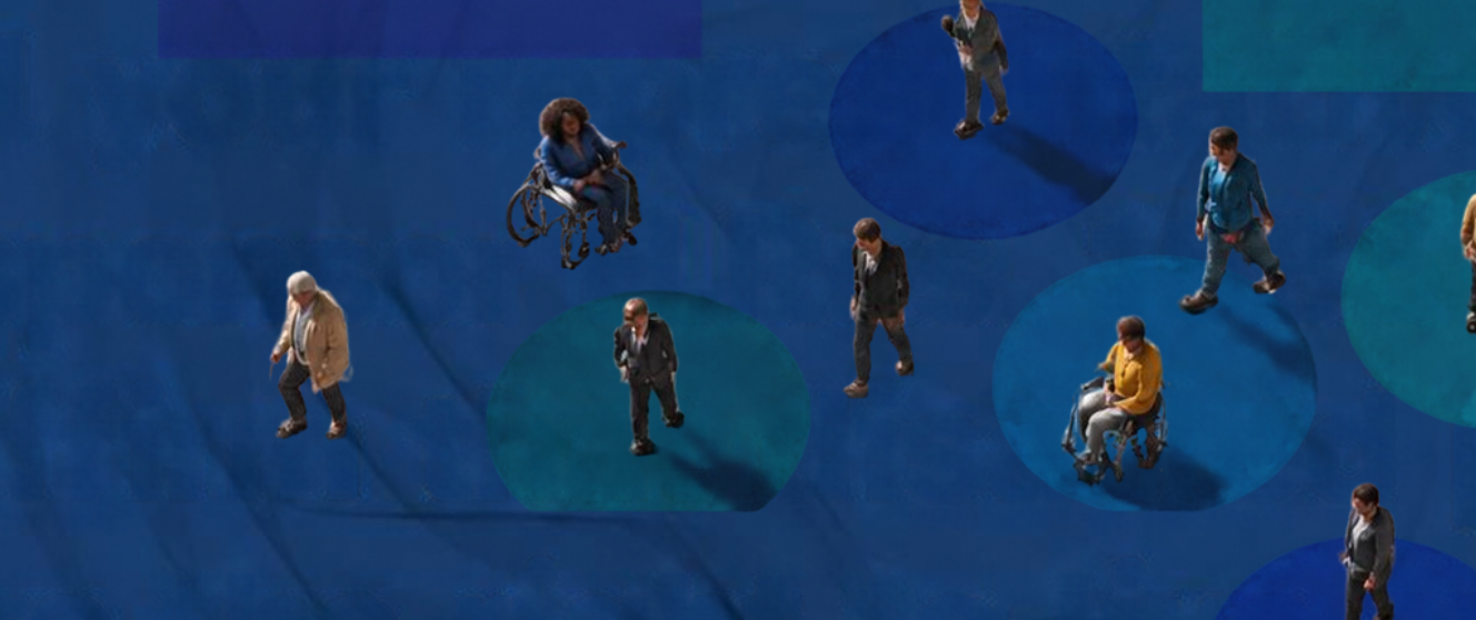 Stick people with different disabilities on a blue background