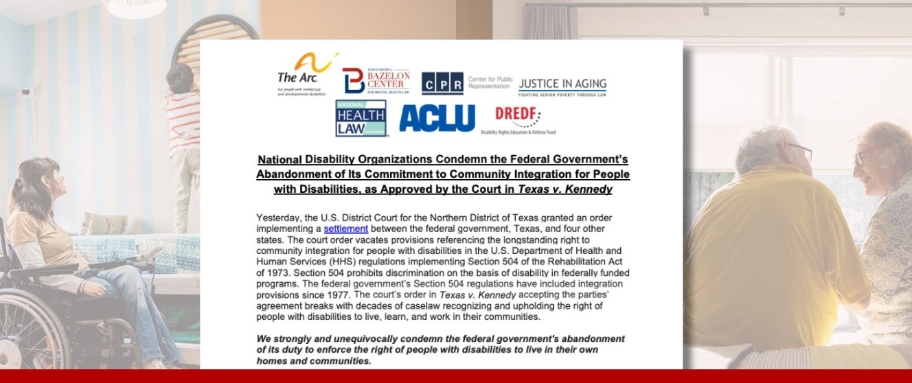 Screenshot of statement with different logos in the header and images of people with disabilities at home in the background