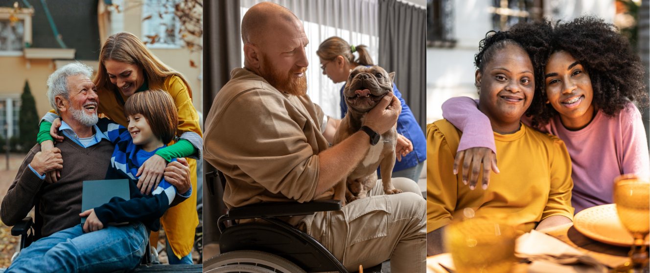 Three photos of people with disabilities in their own homes with family and friends in their own community.