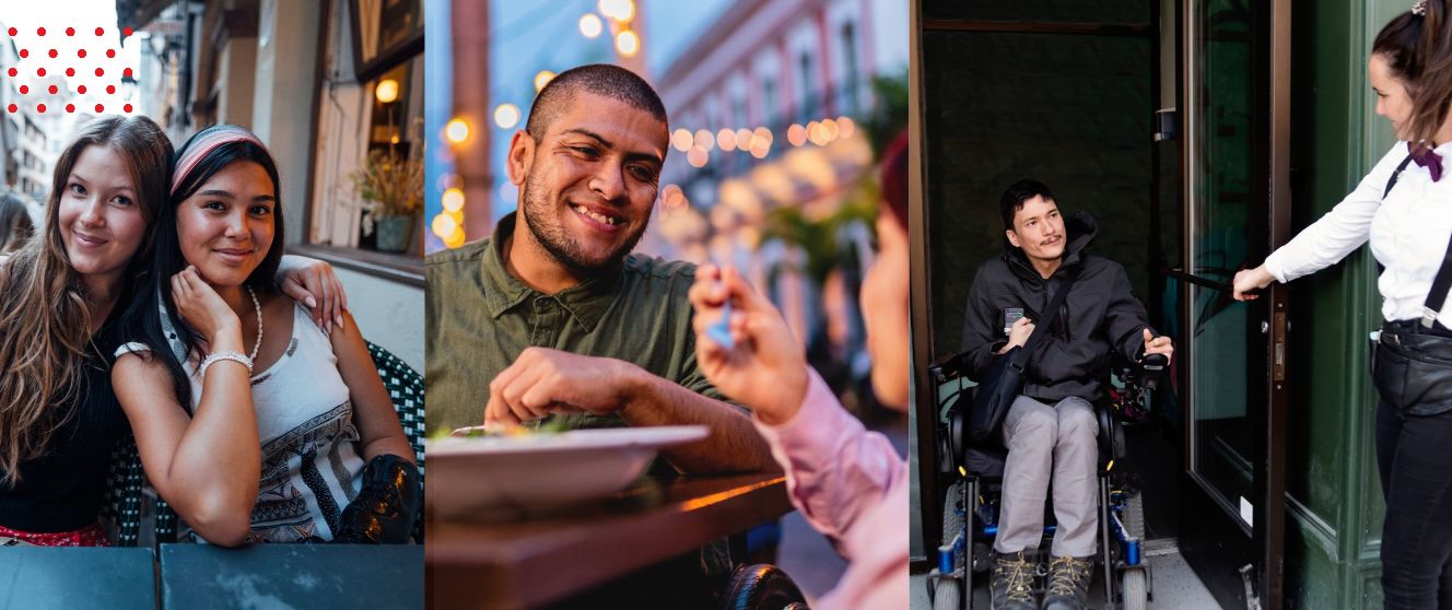 A montage of people with different disabilities at restaurants