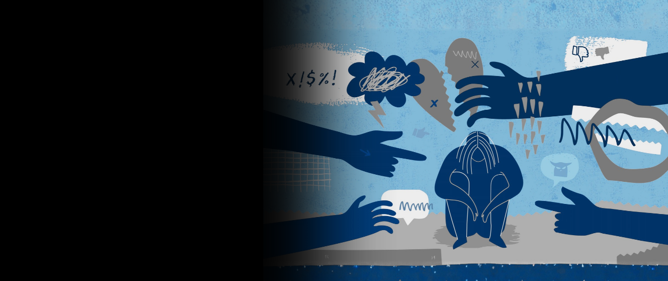Illustration showing a student sitting curled up with their head lowered while large hands and hostile speech bubbles surround them, conveying bullying, intimidation, and isolation.